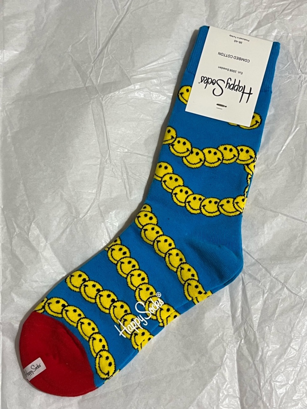 Happy Socks Blue Smiley-Chain Cotton Crew Socks - Red Toe NWT